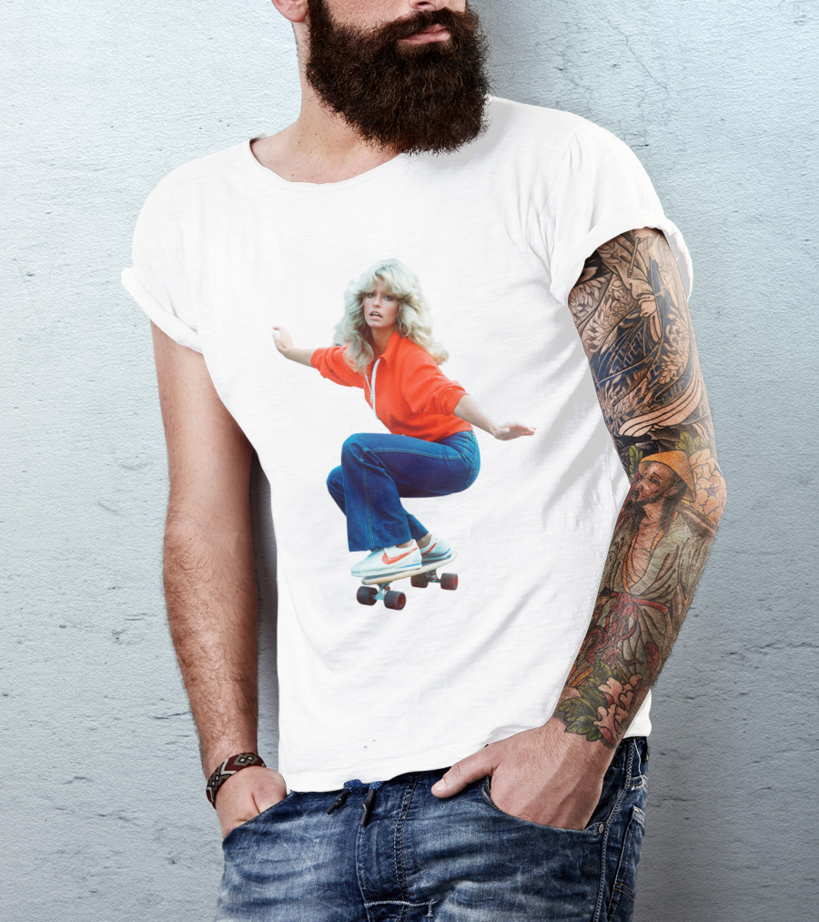 Farrah Fawcett Iconic Skateboarding Pose In Red Sweater And Sneakers T-Shirt