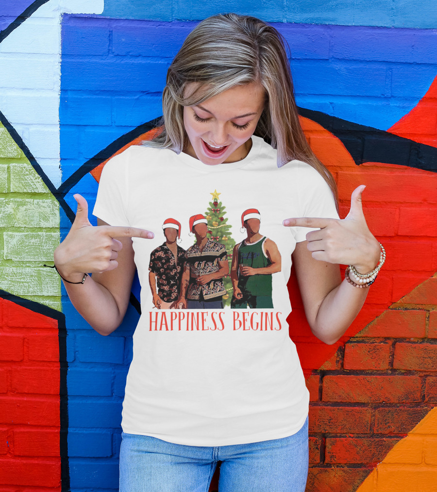 Happiness Begins Santa Trio With Christmas Tree T-Shirt