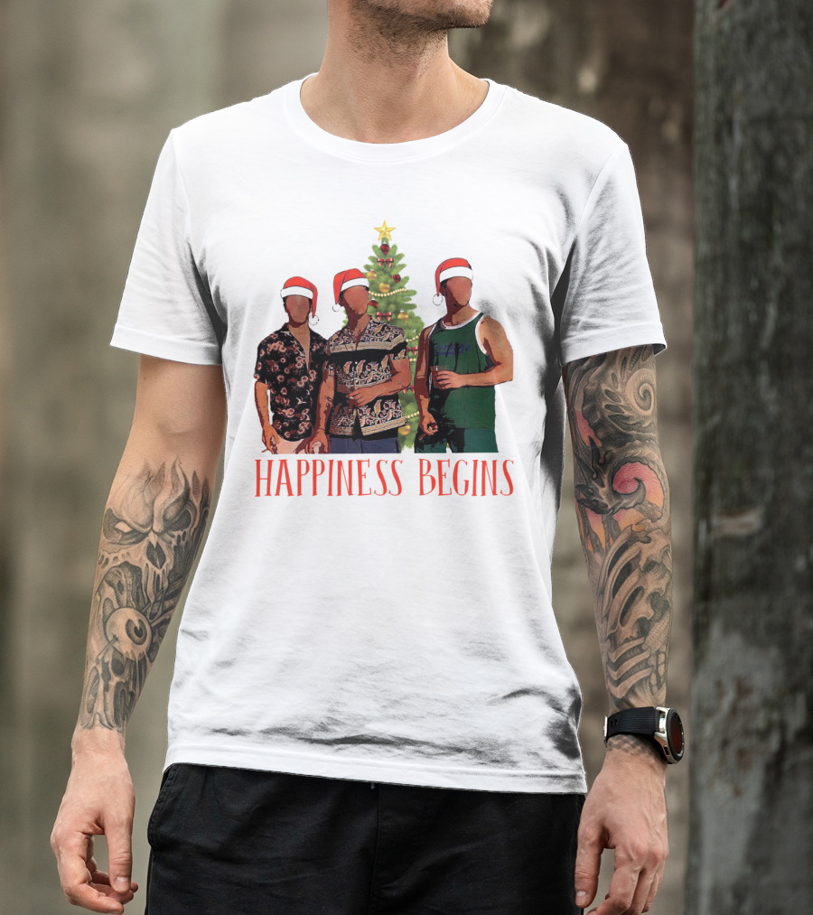 Happiness Begins Santa Trio With Christmas Tree T-Shirt