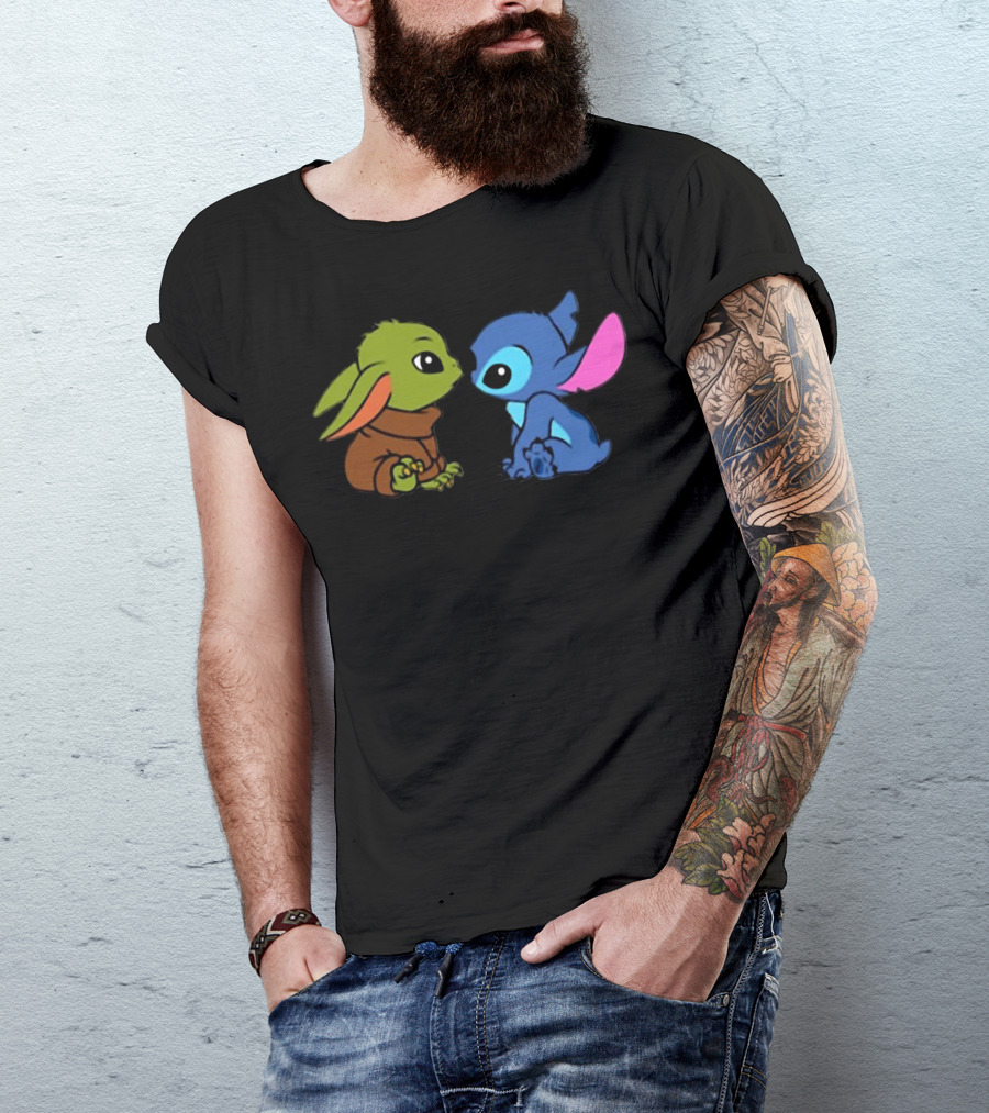 Baby Yoda And Baby Stitch Cute Characters Crossover T-Shirt