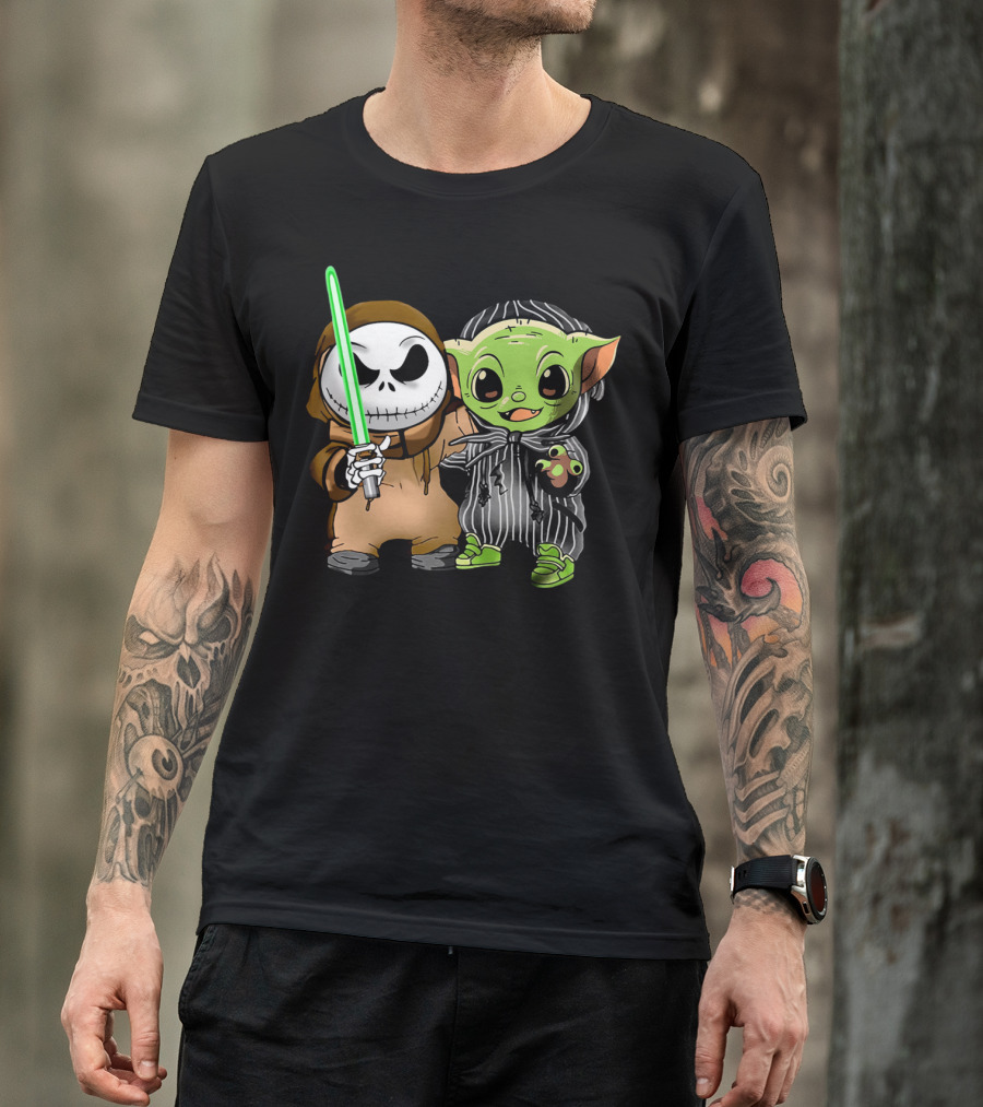 Jack Skellington In Jedi Robe And Baby Yoda In Striped Suit With Lightsaber T-Shirt