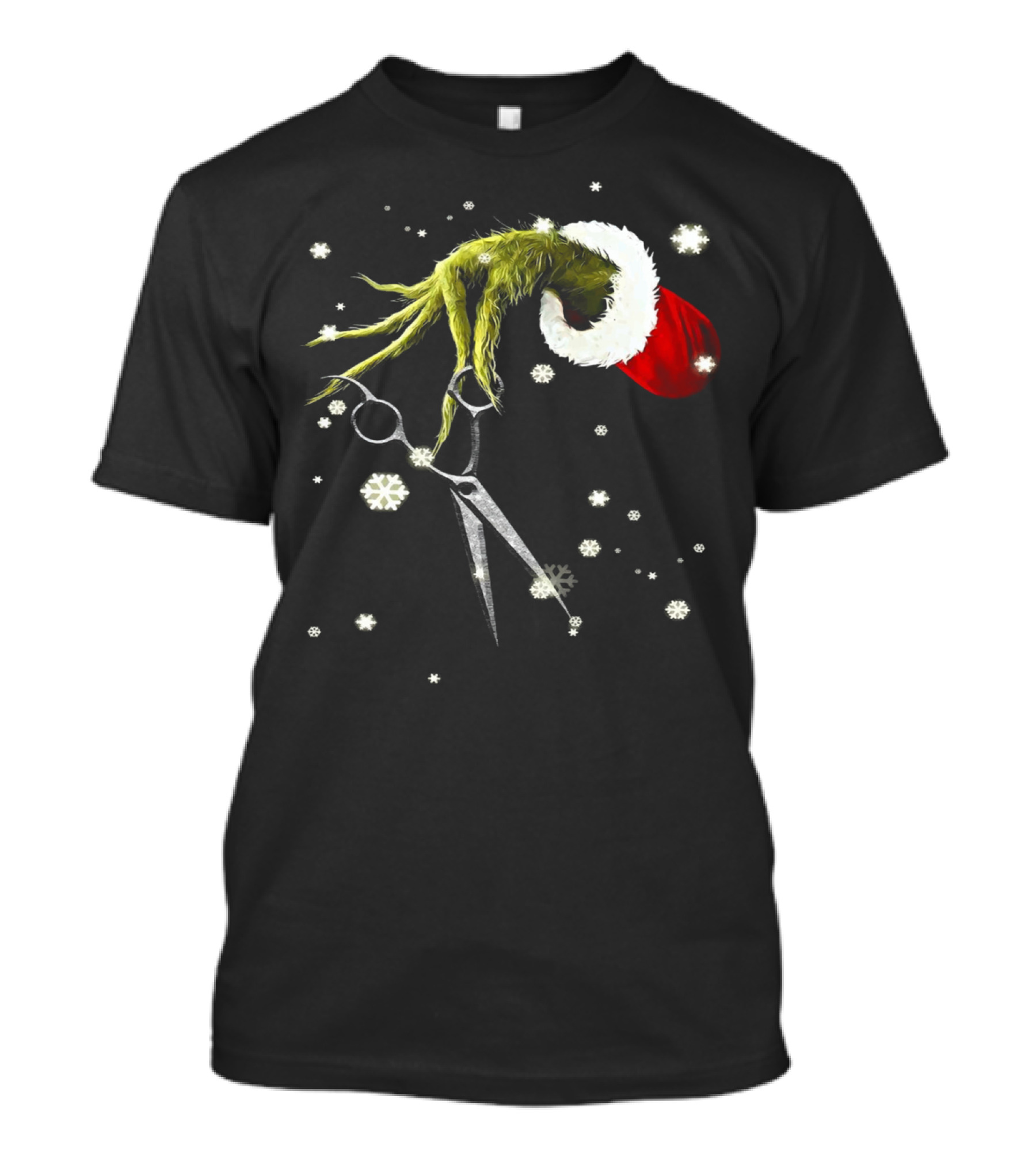 Grinch Hand Holding Scissors Santa Hat Snowflakes T-Shirt