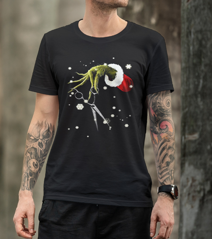 Grinch Hand Holding Scissors Santa Hat Snowflakes T-Shirt