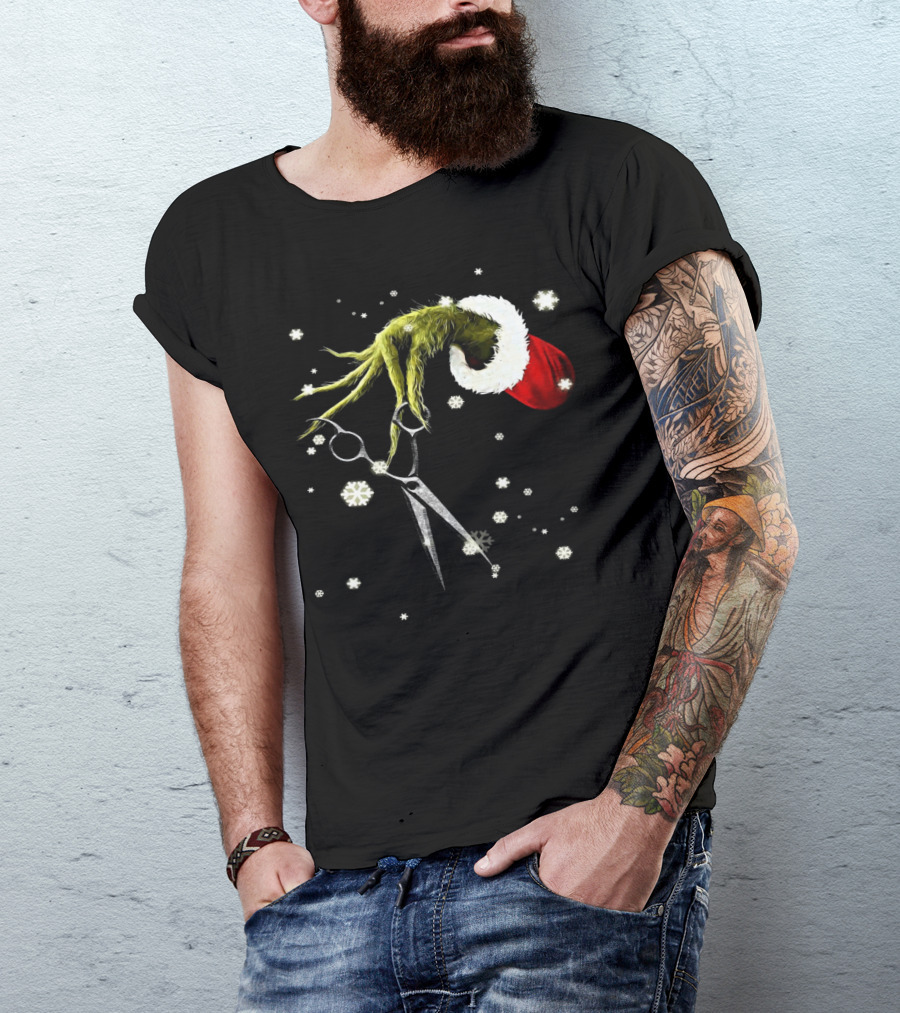Grinch Hand Holding Scissors Santa Hat Snowflakes T-Shirt