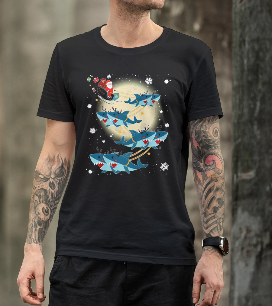 Santa Claus Riding Shark Reindeer Full Moon Snowflakes T-Shirt