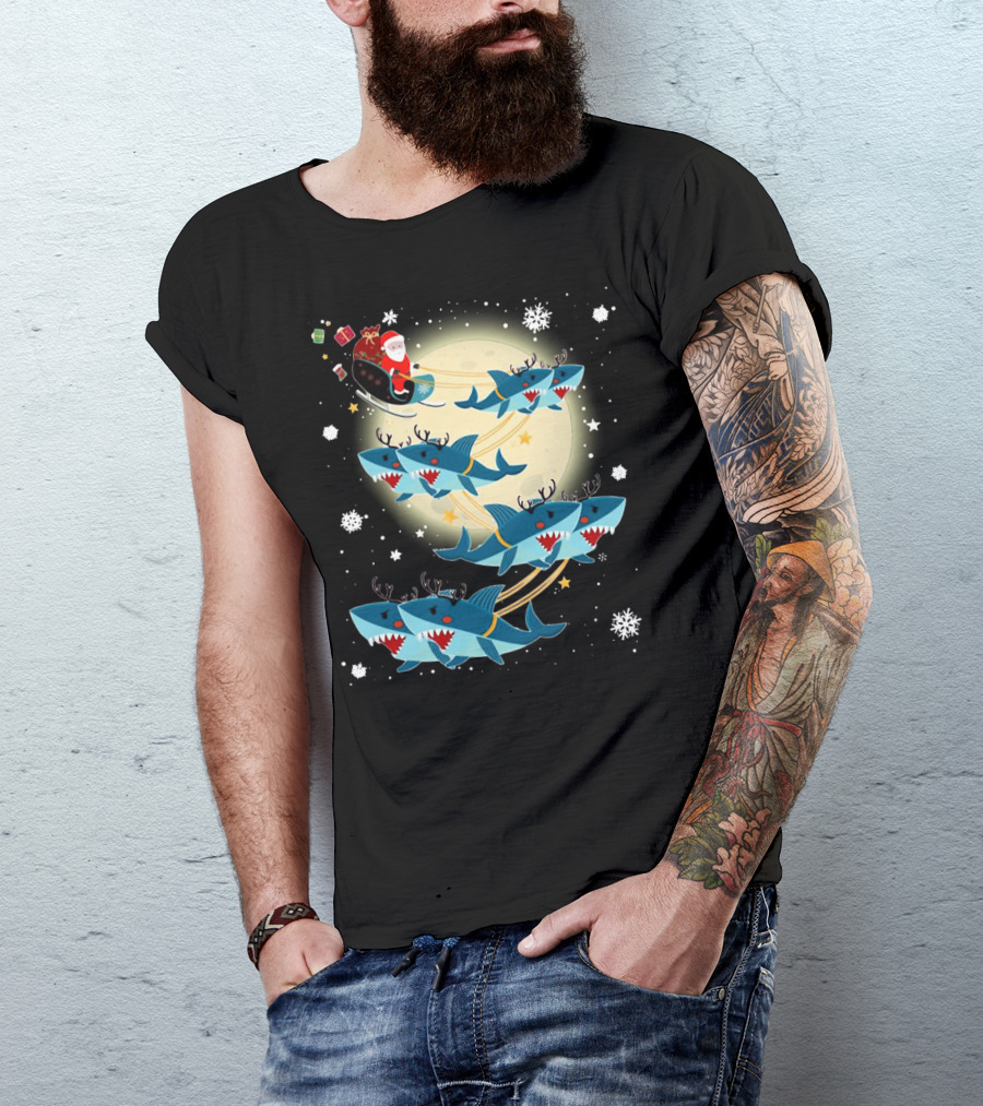 Santa Claus Riding Shark Reindeer Full Moon Snowflakes T-Shirt