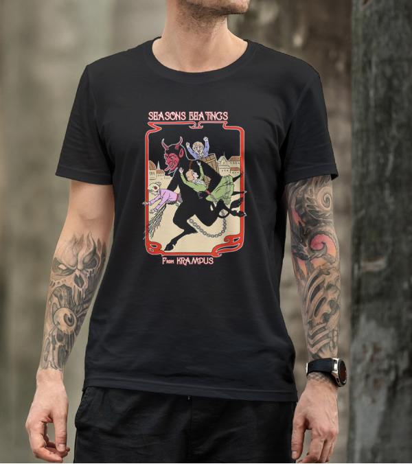 Seasons Beatings From Krampus With Festive Cityscape And Naughty Children T-Shirt