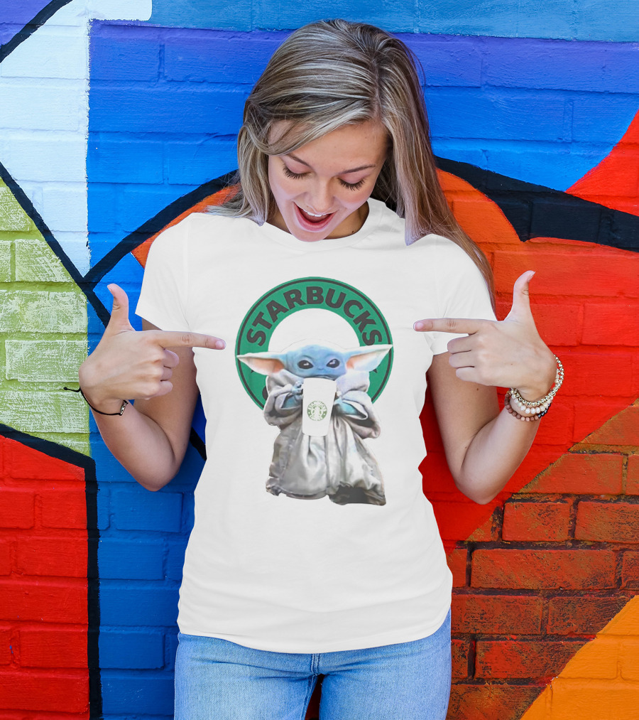 Star Wars Baby Yoda Holding Starbucks Coffee Cup T-Shirt