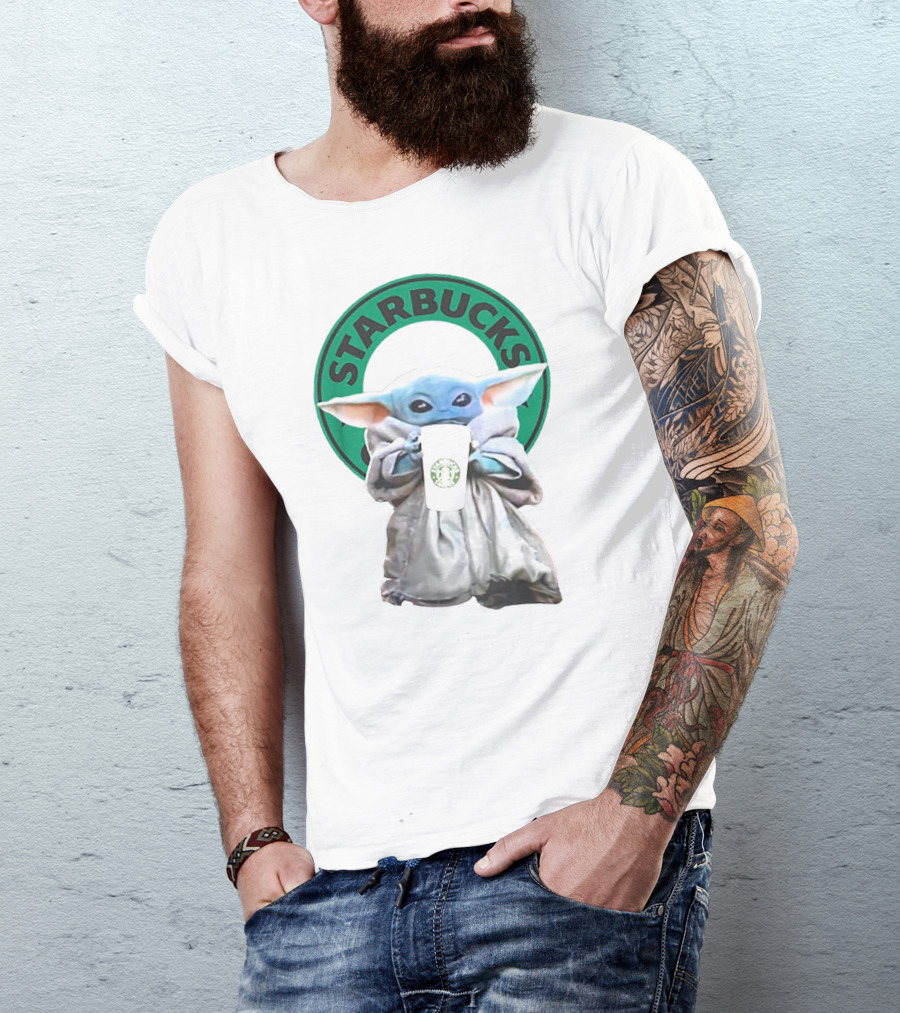 Star Wars Baby Yoda Holding Starbucks Coffee Cup T-Shirt