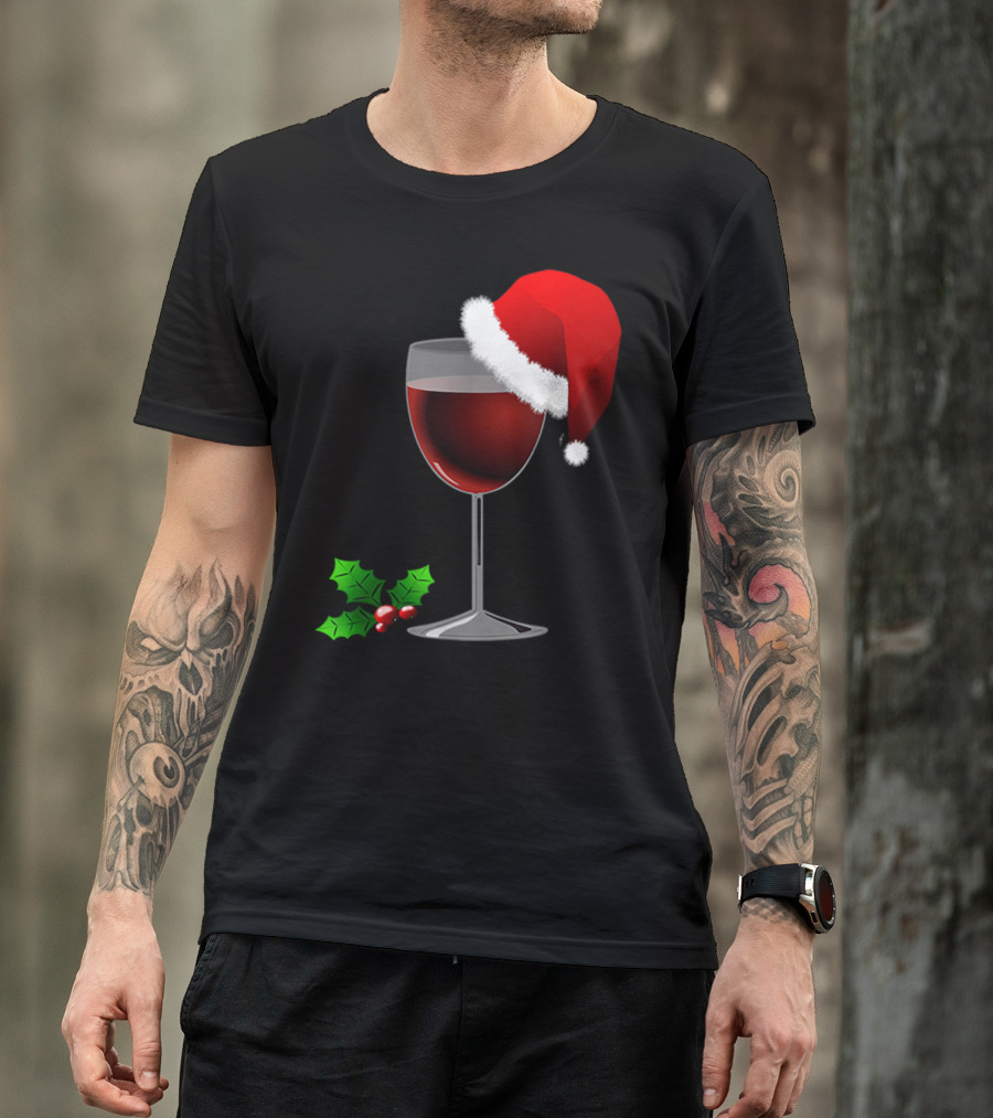 Wine Christmas Santa Hat Holly T-Shirt
