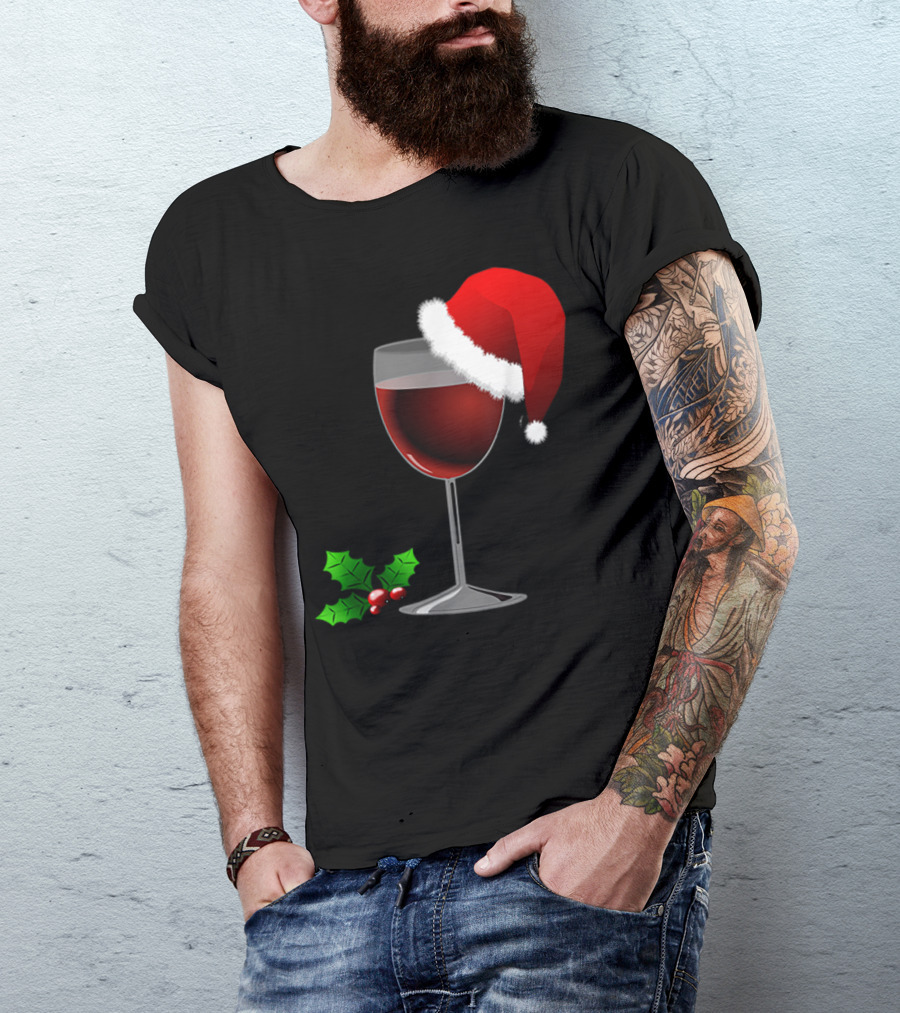 Wine Christmas Santa Hat Holly T-Shirt