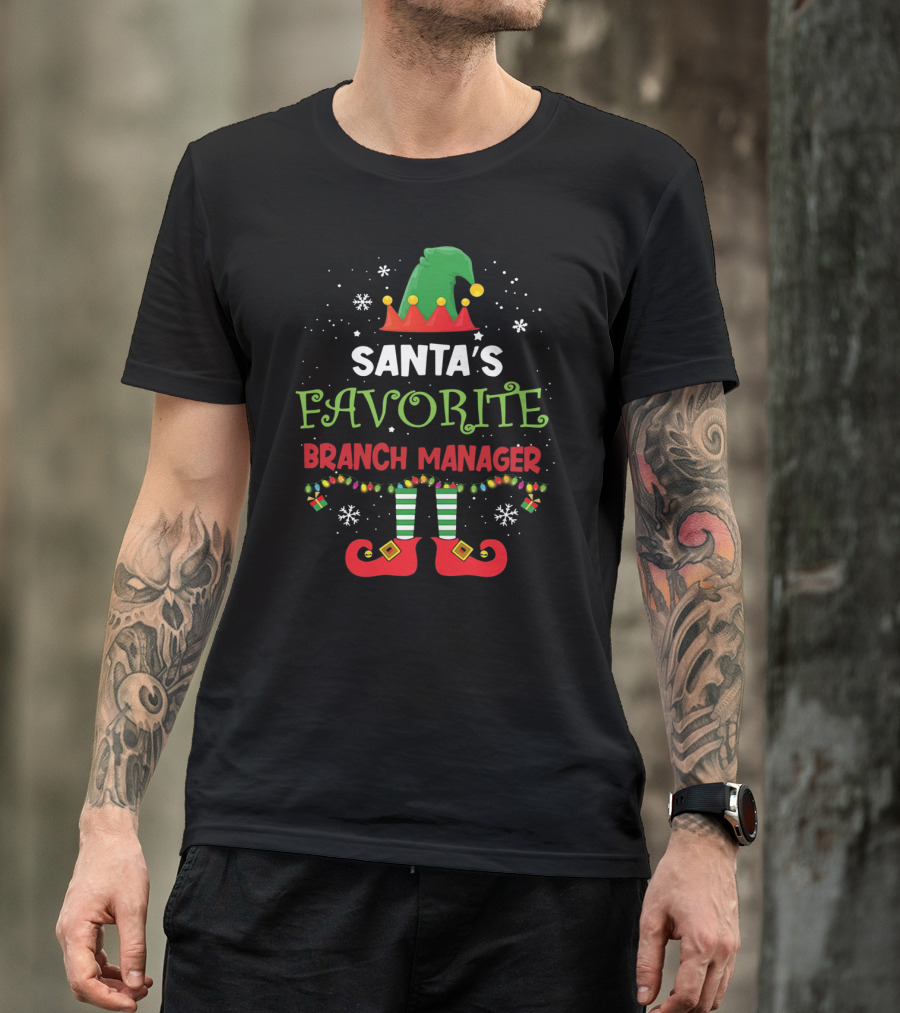 Santa's Favorite Branch Manager Elf Christmas Lights Hat Snowflakes T-Shirt