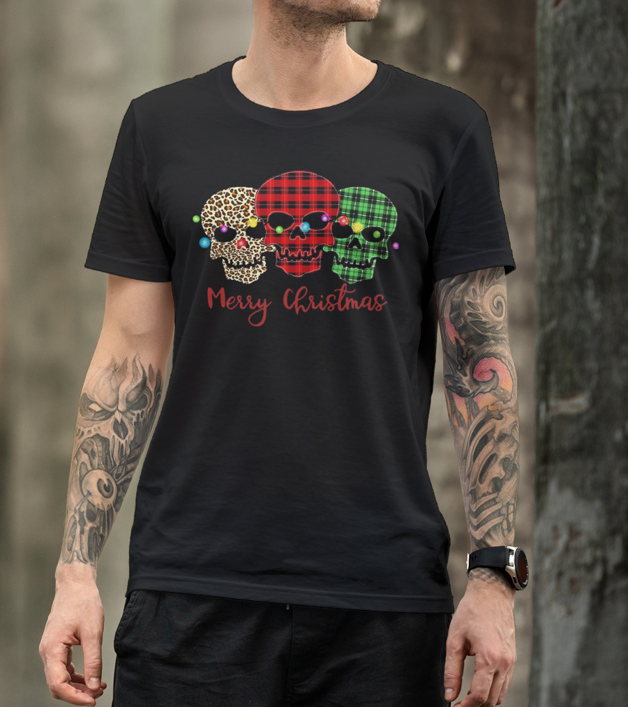 Merry Christmas Skulls Leopard Red Green Plaid Printed T-Shirt