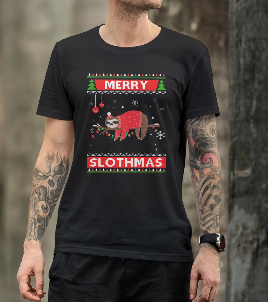 Merry Slothmas Christmas Sloth In Festive Sweater With Trees And Snowflakes T-Shirt