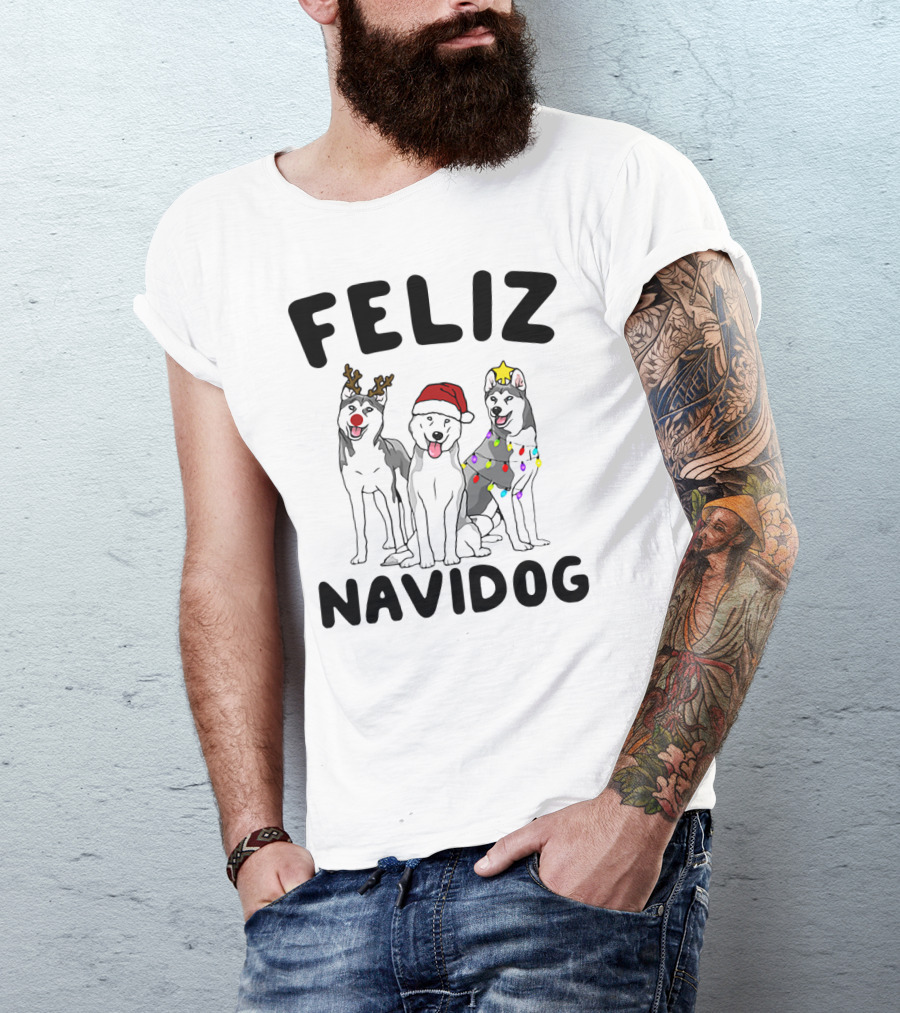 Feliz Navidog Husky Reindeer Santa Lights T-Shirt