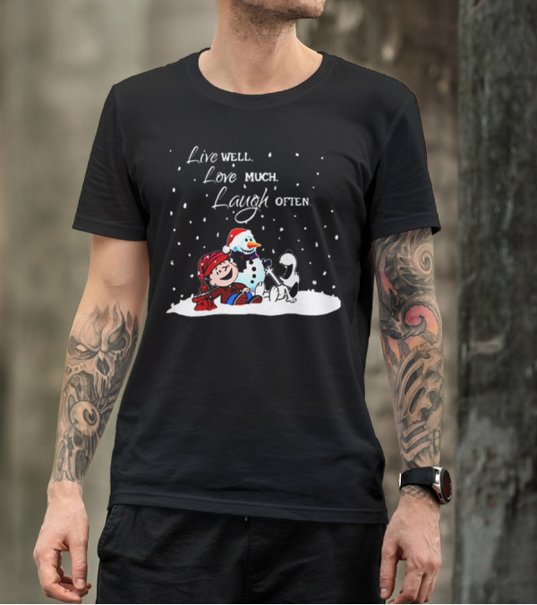 Snoopy Charlie Brown Live Well Love Much Laugh Often Winter Snowman Scene T-Shirt