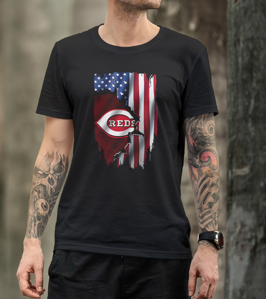 Cincinnati Reds American Flag Iconic Logo T-Shirt
