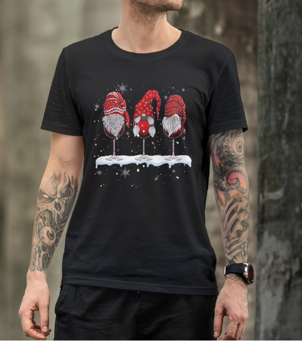 Wine Glasses Gnomies Holiday Snowflakes Gnome Trio T-Shirt