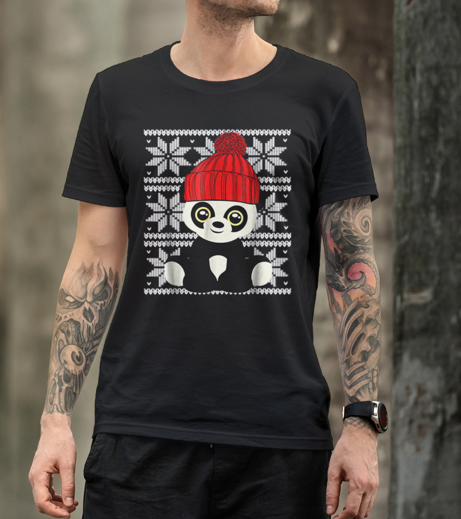 Ugly Sweater Christmas Panda Bear With Red Knit Hat T-Shirt