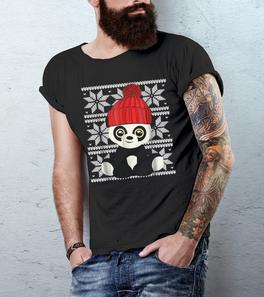 Ugly Sweater Christmas Panda Bear With Red Knit Hat T-Shirt