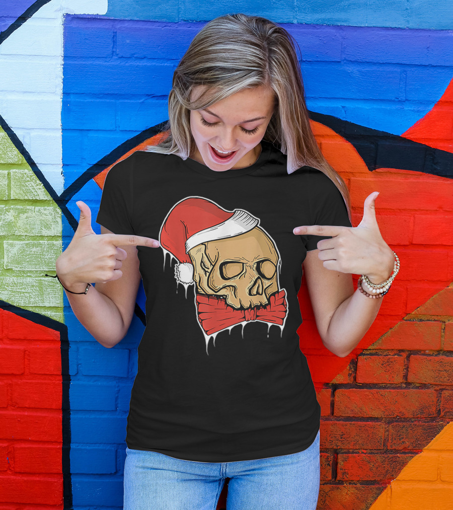 Vintage Skull Christmas Santa Hat Bow T-Shirt