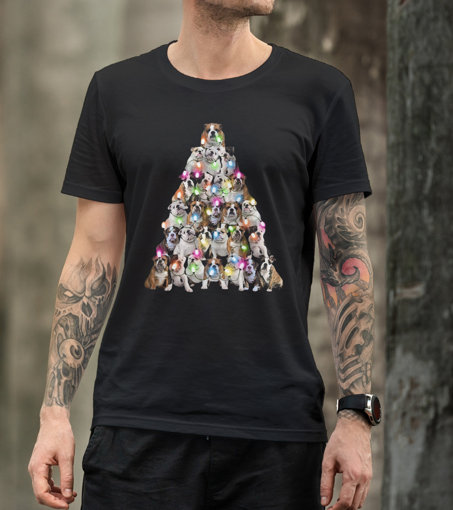 Bulldog Christmas Tree Festive Lights Pyramid T-Shirt