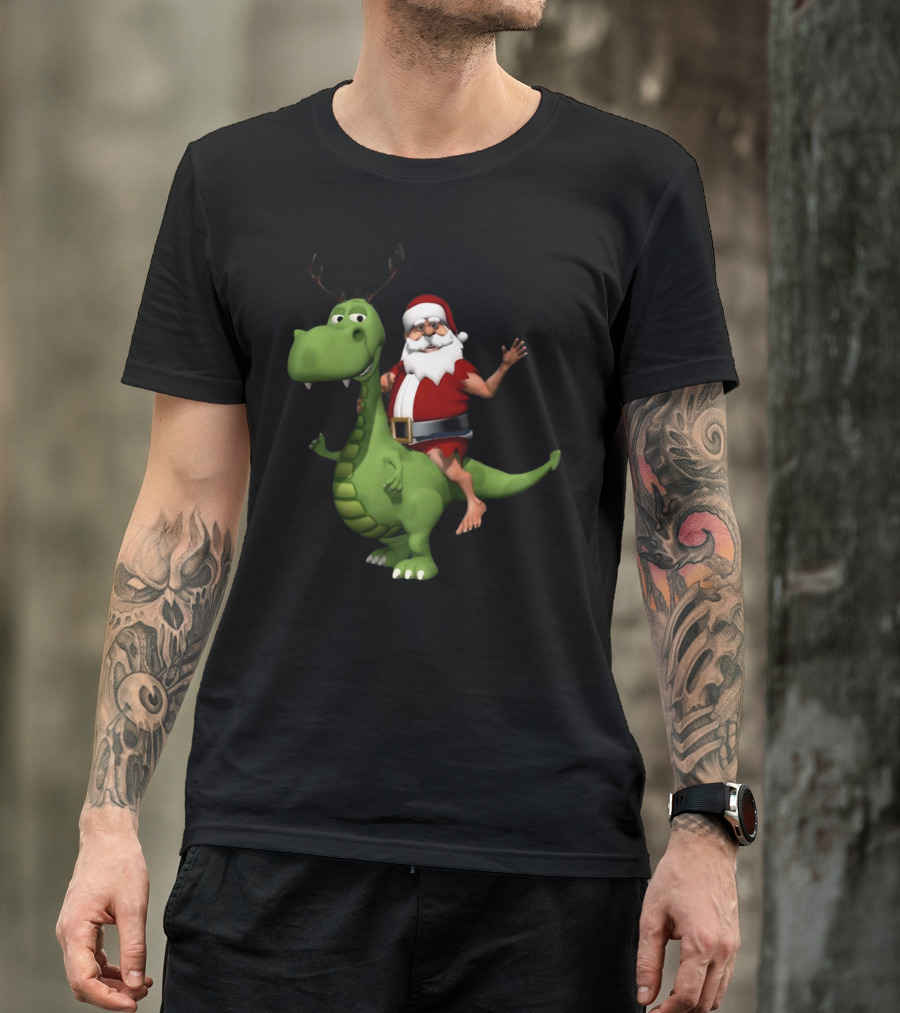 Santa Riding Rex Dinosaur Reindeer Christmas Holiday Fun T-Shirt