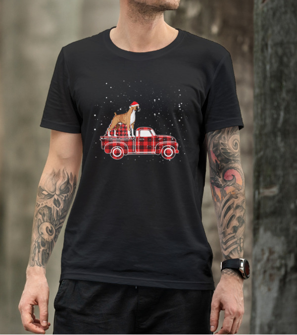 Boxer Buffalo Plaid Truck Xmas Santa Hat Snow T-Shirt