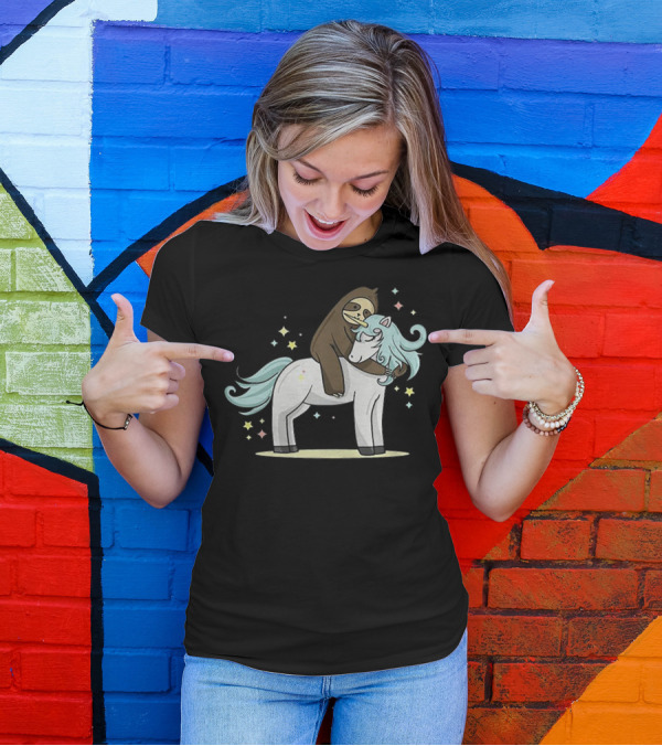 Sloth Hugging Magical Unicorn Surrounded By Sparkling Stars T-Shirt