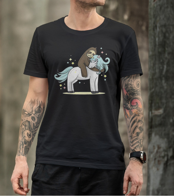 Sloth Hugging Magical Unicorn Surrounded By Sparkling Stars T-Shirt