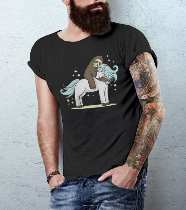 Sloth Hugging Magical Unicorn Surrounded By Sparkling Stars T-Shirt