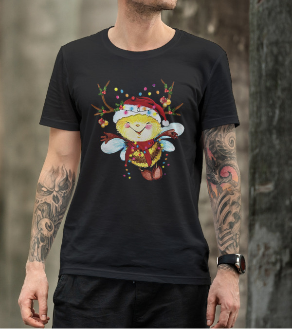 Santa Bee Reindeer Lights Holiday Cheer T-Shirt