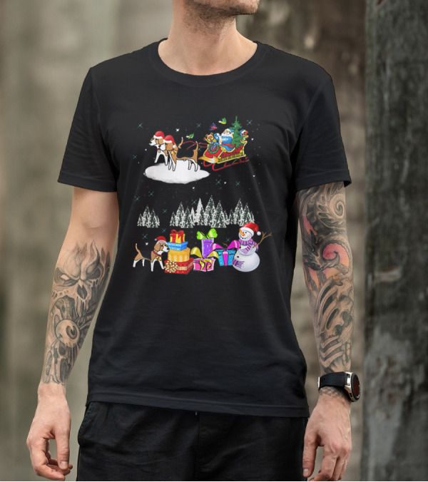 Beagle Reindeer Christmas Santa Sleigh Snowman Presents Trees Moon T-Shirt