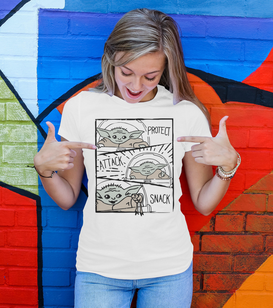 Star Wars Mandalorian Baby Yoda The Child Protect Attack Snack Comic Strip T-Shirt