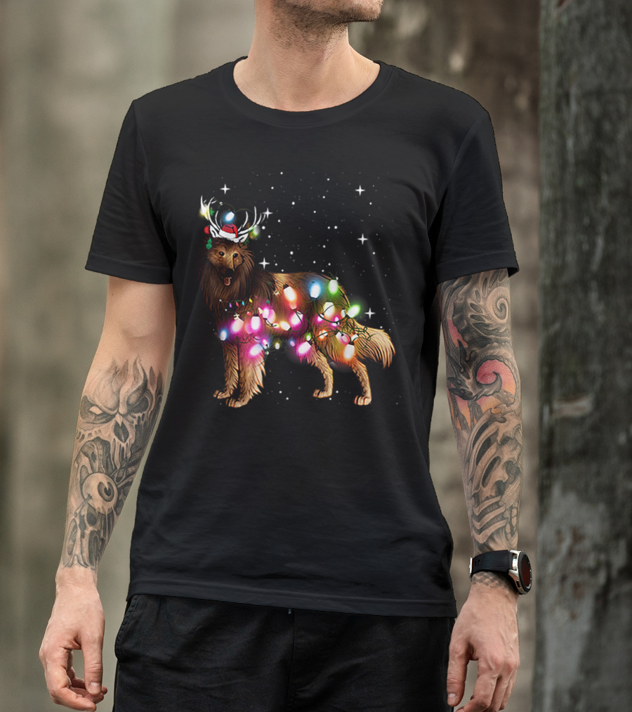 Belgian Tervuren In Santa Hat With Holiday Christmas Lights And Snowflakes T-Shirt