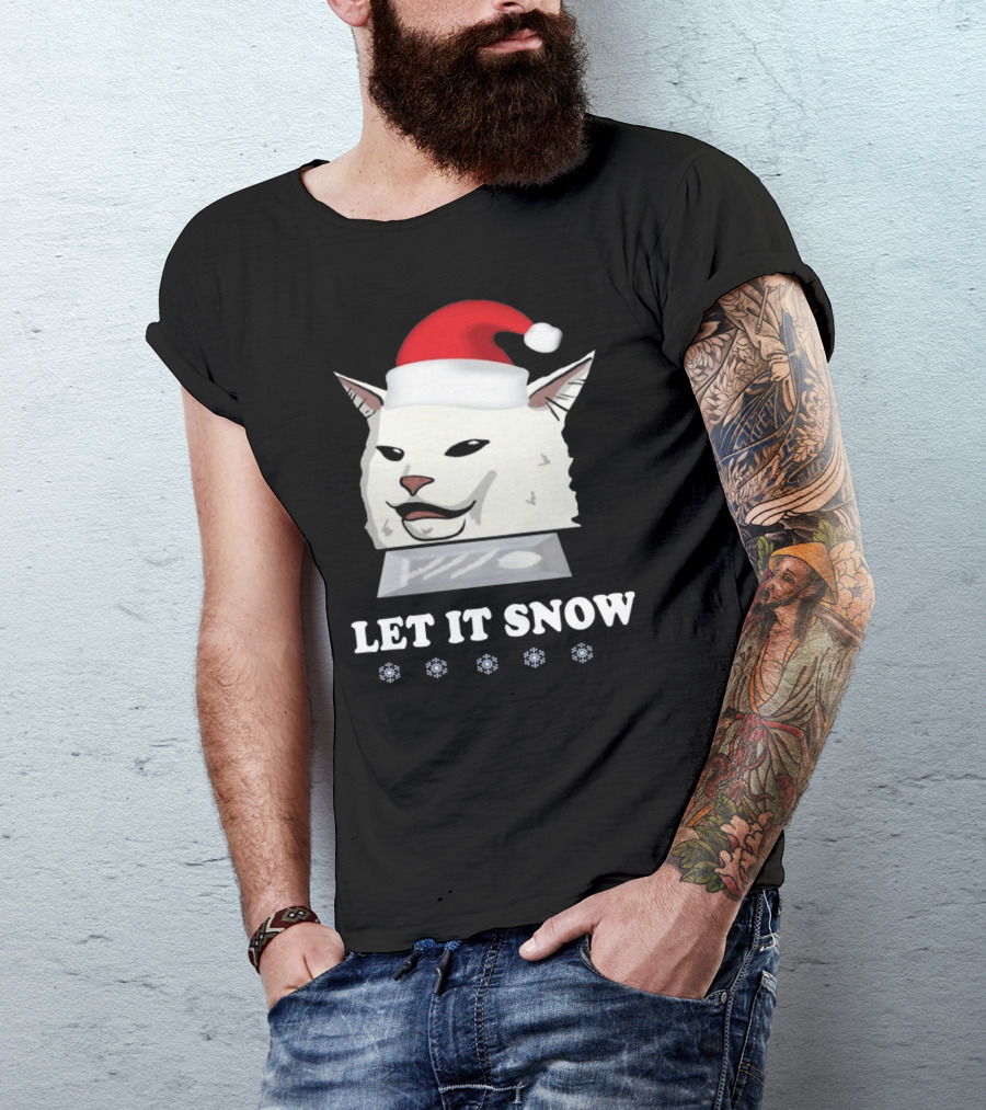 Let It Snow Cat In Santa Hat With Snowflakes T-Shirt