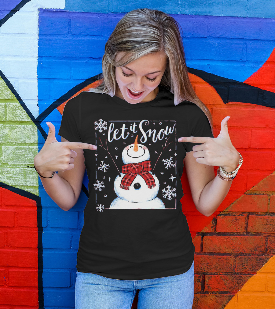 Let It Snow Santa Snowman With Scarf And Snowflakes T-Shirt