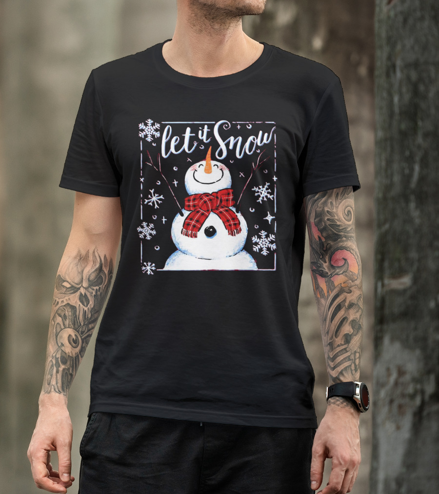 Let It Snow Santa Snowman With Scarf And Snowflakes T-Shirt