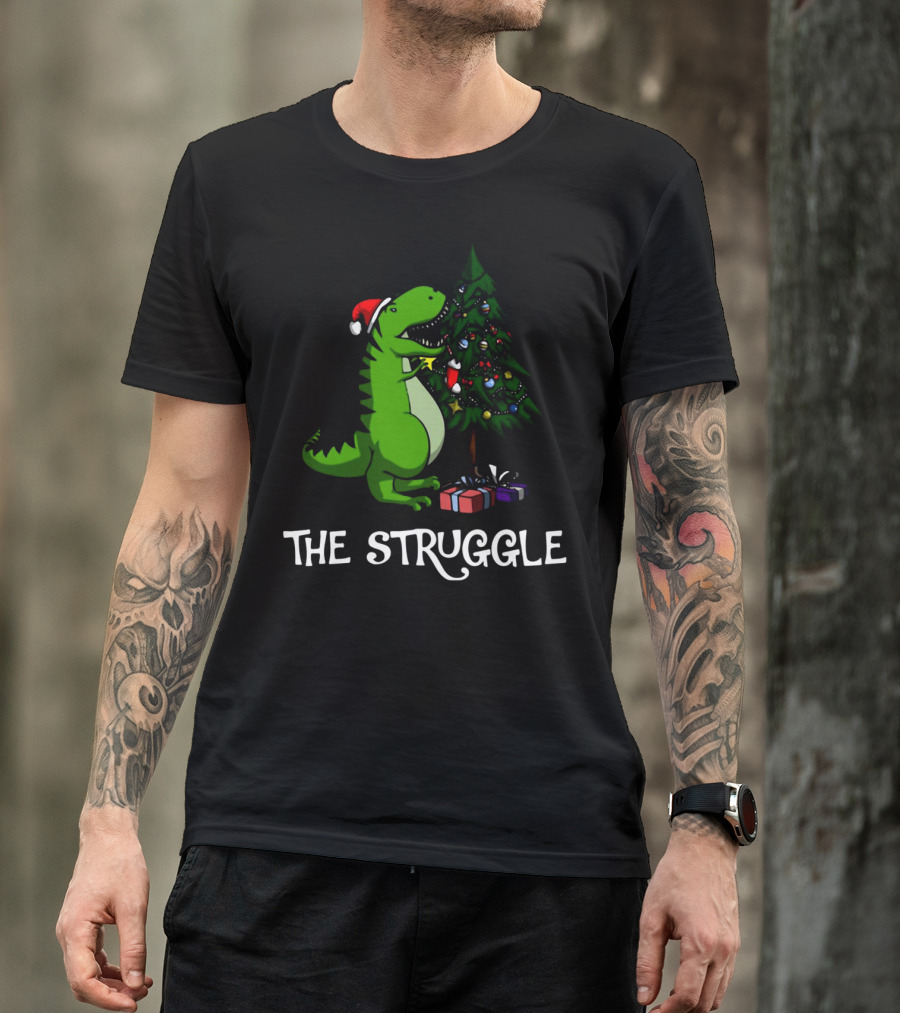 T Rex Dinosaur The Struggle With Christmas Tree T-Shirt