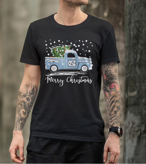 North Carolina Tar Heels Merry Christmas Pickup Truck With Tree T-Shirt
