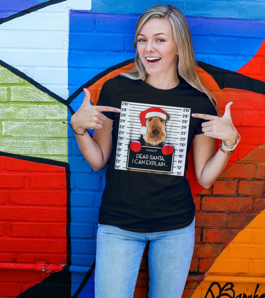 Airedale Terrier Santa Mugshot I Can Explain Christmas Dog T-Shirt