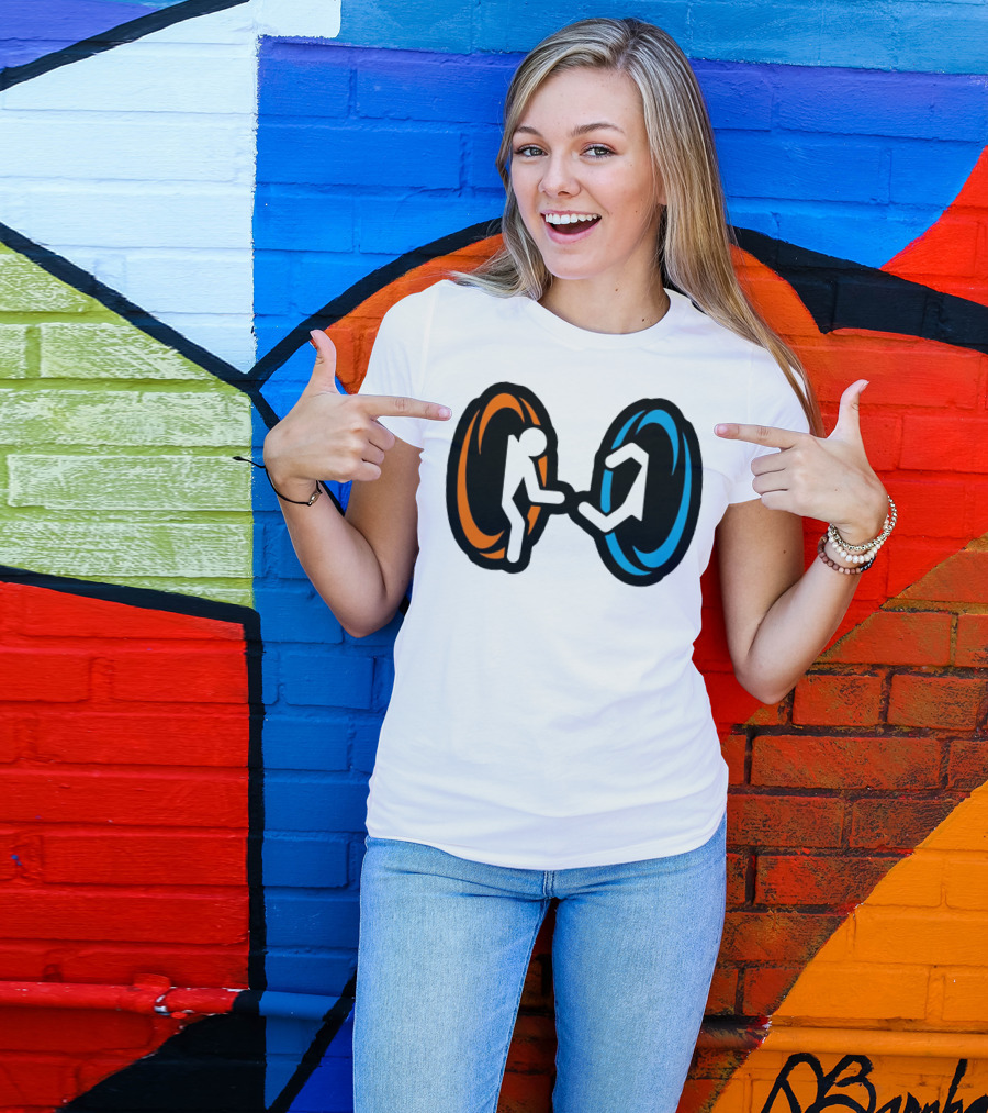 Orange And Blue Portal Stick Figure Couple T-Shirt