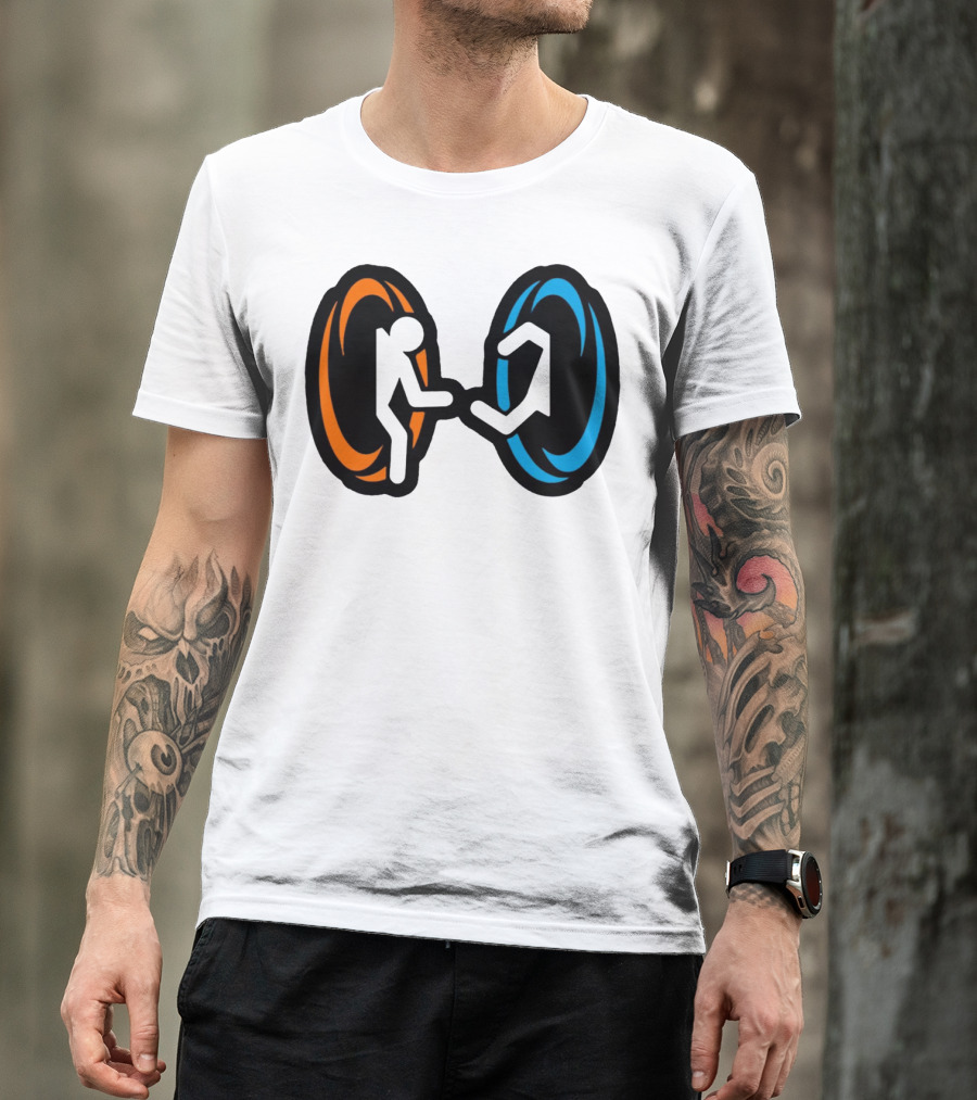 Orange And Blue Portal Stick Figure Couple T-Shirt