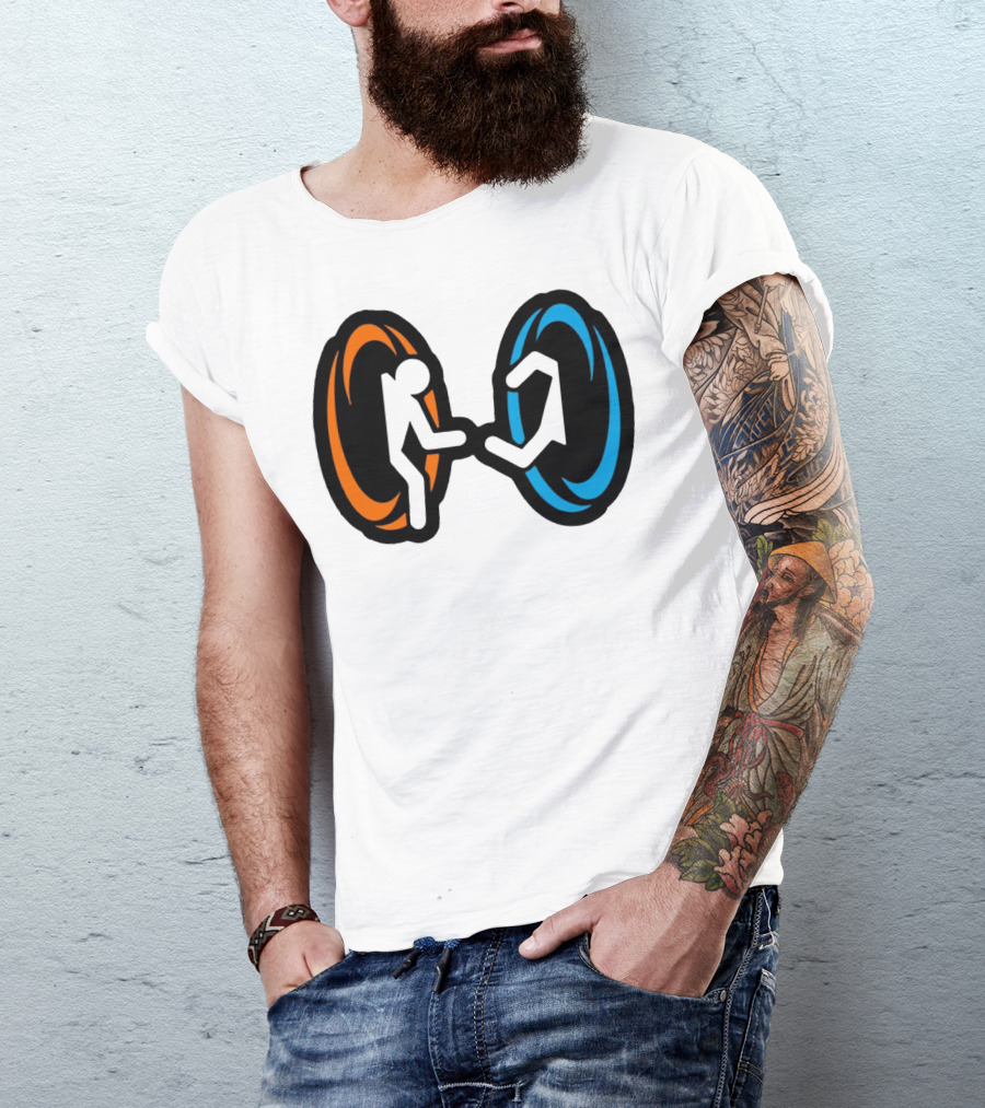 Orange And Blue Portal Stick Figure Couple T-Shirt