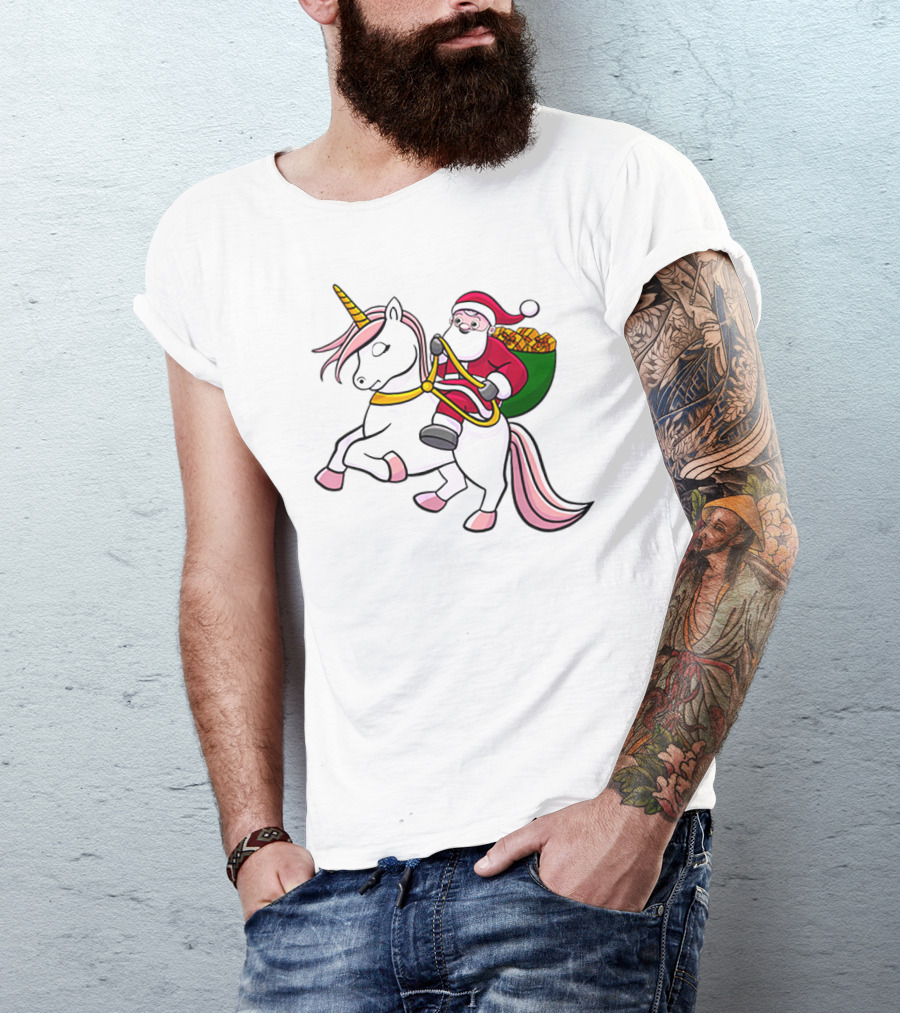 Santa Riding Unicorn With Sack Of Gifts For Cute Girls T-Shirt