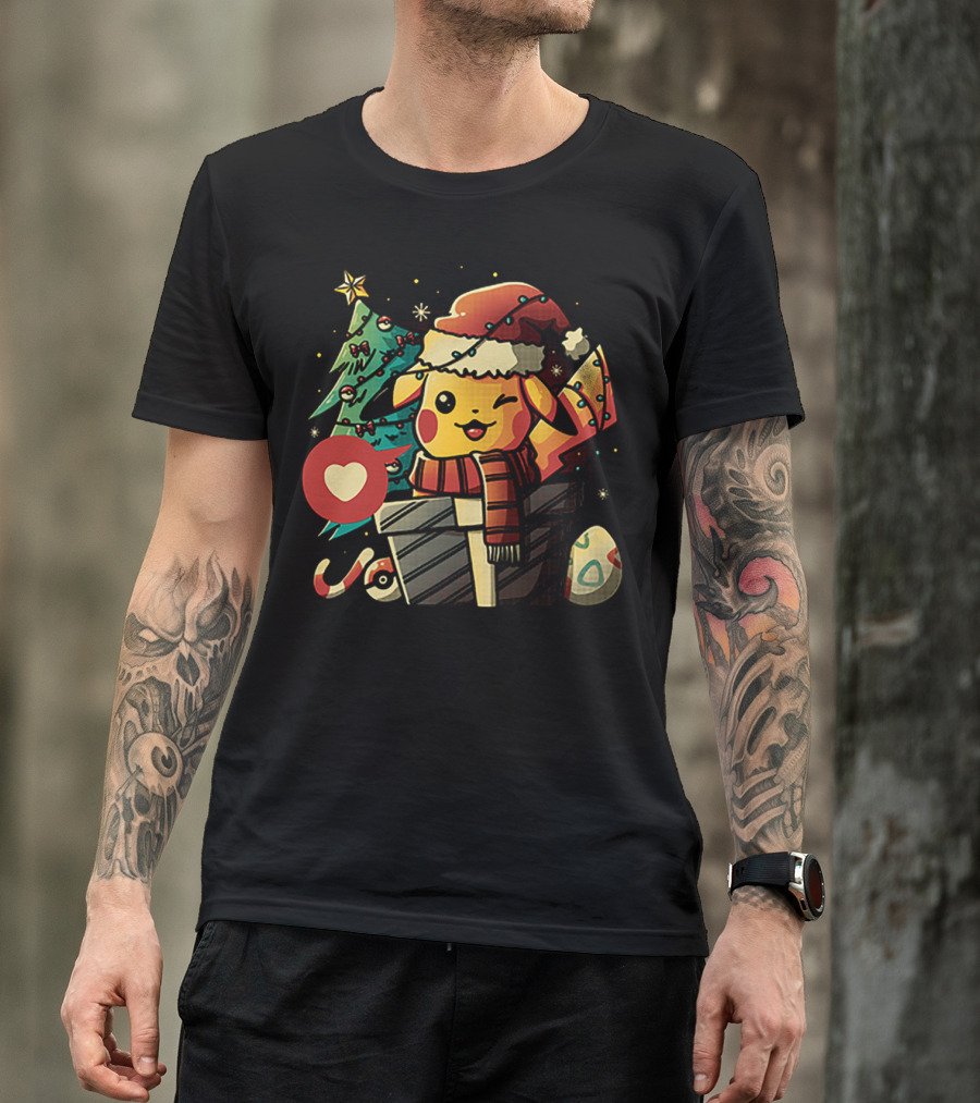 Pikachu In Santa Hat With Electric Christmas Tree And Candy Cane T-Shirt