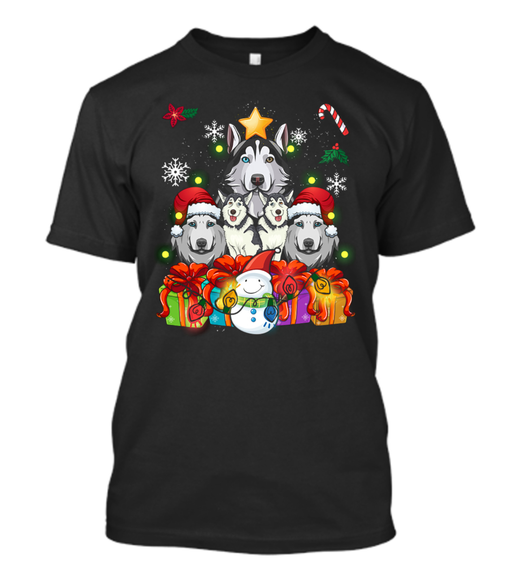 Siberian Husky Christmas Tree Decor With Snowflakes, Candy Cane, Snowman, And Presents T-Shirt