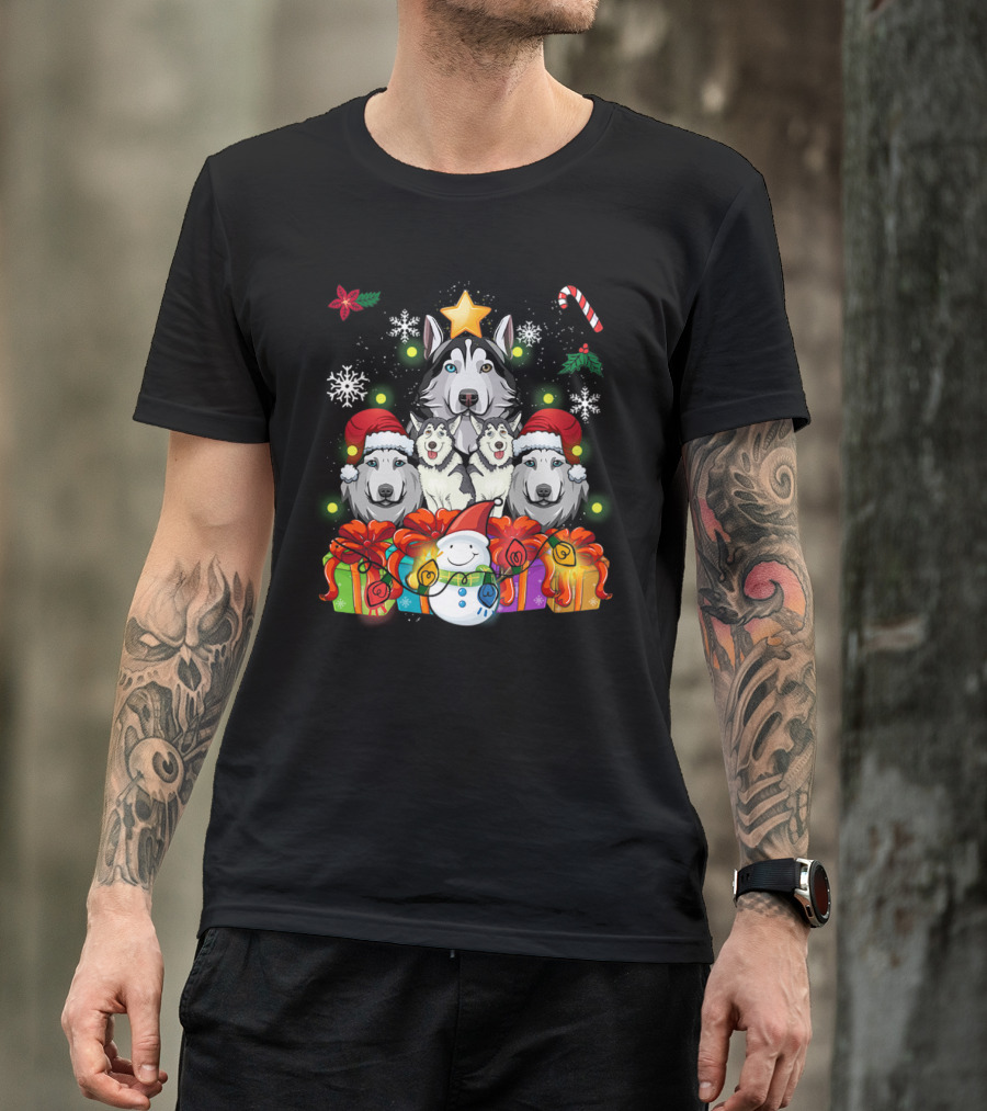 Siberian Husky Christmas Tree Decor With Snowflakes, Candy Cane, Snowman, And Presents T-Shirt