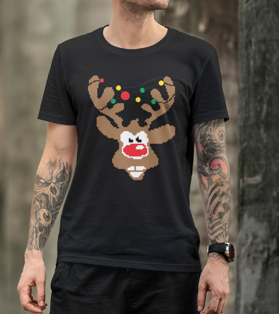 Christmas Youth Pixel Reindeer With Colorful Lights T-Shirt
