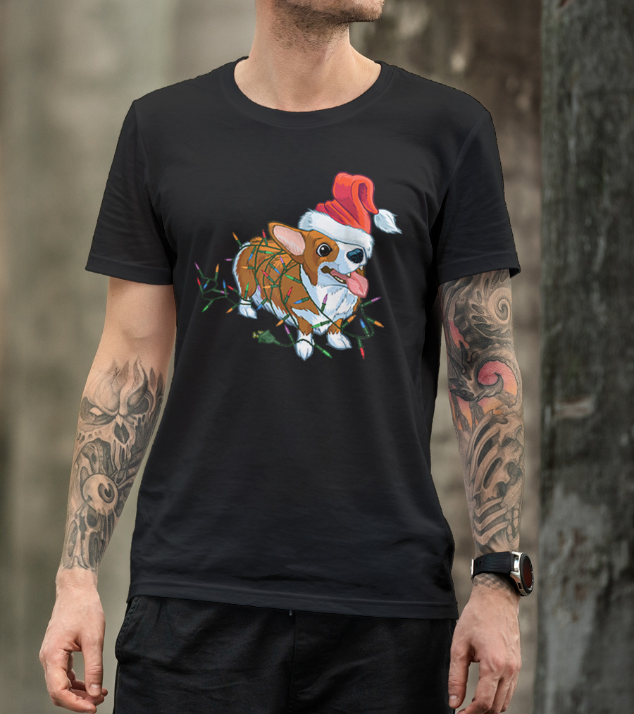 Corgi Christmas Lights Santa Hat T-Shirt